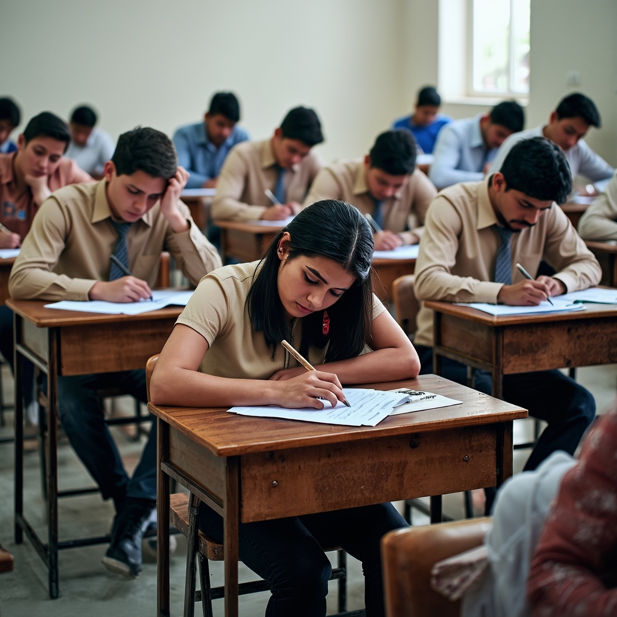 the students should be wearing black pants, light brown shirts, and gray ties. the classroom should look like a realistic indian school classroom.